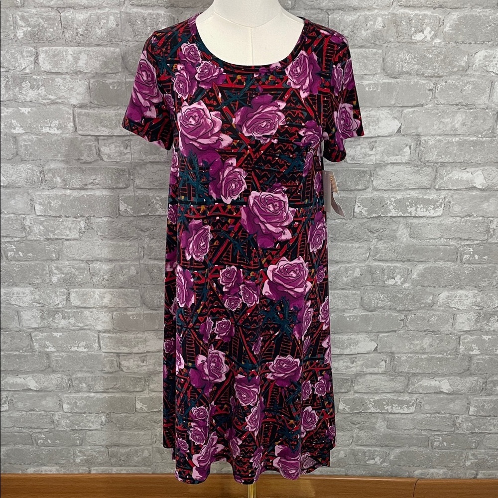 LuLaRoe Carly Swing Dress featuring a purple and red floral abstract pattern
